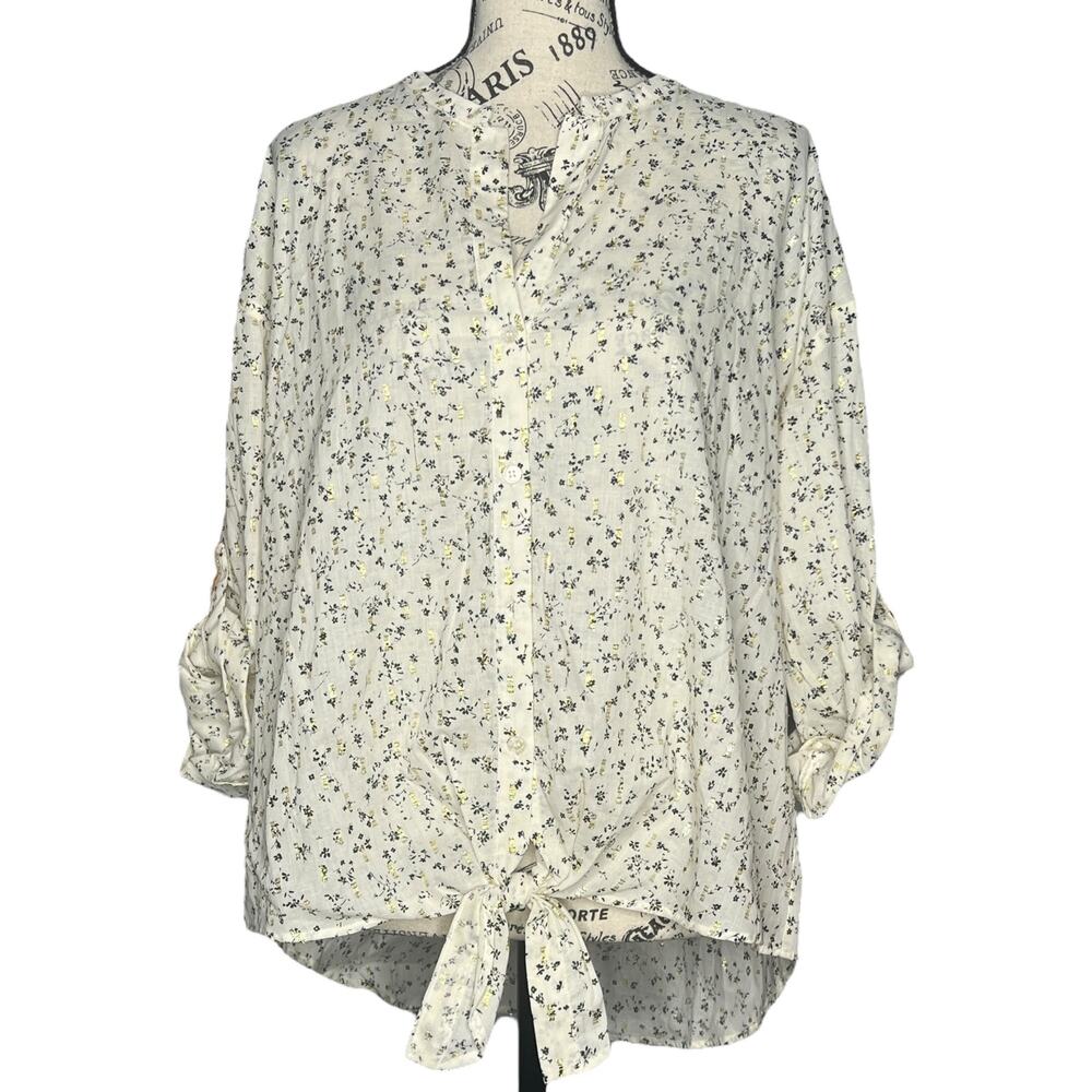 Vince Camuto (S) Island Oasis Front Tie Roll Tab Sleeve Button Up Blouse Top